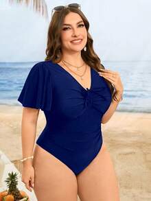 Swim Lushoire 大码女士纯色荷叶边袖抽绳腰连体泳衣，夏季 - 藍色 - 查看 3