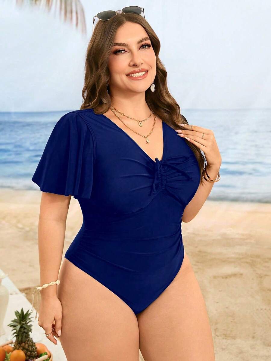 SHEIN Swim 大码女士纯色荷叶边袖抽绳腰连体泳衣,夏季 - 藍色 - 查看 1