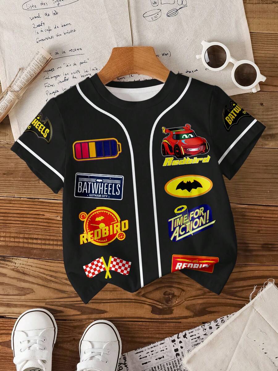 Batwheels X SHEIN Young Boy Summer Casual Letter & Car Pattern Round Neck Short Sleeve T-Shirt - White - View 1