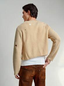 RONVEXI Fashionable Blogger Design Solid Color Distressed Pullover Sweater For Men, Autumn/Winter - Apricot - View 4