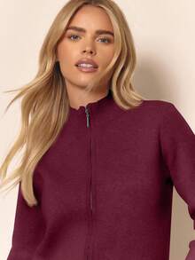 MUSERA Knit Funnel Neck Marl Zip Through Cardigan Only Winter Loungewear Cosy Work Cute Elegant Casual Chic Valentines Elegant Spring - Burgundy - View 2