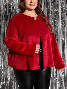 SHEIN Clasi معطف أنيق ذو صدر واحد مزين بفرو اصطناعي مقاس كبير، كاجوال للخريف - الأحمر - مشاهدة 5