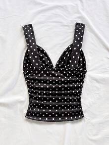 Soleia 女士优雅度假风波点针织面料扭结肩带褶皱修身吊带背心，适合度假、约会、下午茶、海滩、邮轮、城市旅行、海岛度假、音乐节、波西米亚风度假等场合，可内穿或外穿 - 彩色 - 查看 2