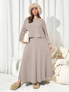 Auralis Bộ 2 món áo và chân váy trơn màu cỡ lớn, mùa thu - Màu be - Xem 3