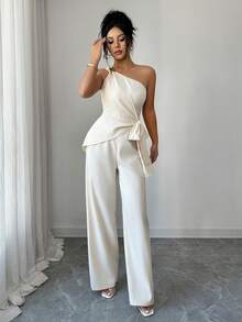 Elenzga Bộ đồ liền thân ống rộng không tay thắt nút bên hông màu trơn dành cho nữ - Màu Khaki - Xem 3