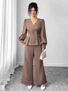Elenzga Women's Elegant Puff Sleeve Single-Breasted Ruffle Blouse And Flare Pants Graceful 2 Pieces Set - Brown - View 4