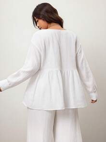 Enliva Plus Size Women Loose White Soft Touch Long Sleeve Shirt For 2026 New Year, For Apple & Rounded Body Shape - White - View 2