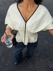 Siren Gaze Women's Solid Color Deep V-Neck Ruched Waist Ruffle Hem Blouse, Elegant Fitted Shirt With Contrast Trim - Apricot - View 7