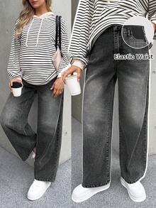 SHEIN Pregnant Women's Contrast Color Pocket Casual Versatile Wide-Leg Jeans Black Winter Spring Christmas New Year Thanksgiving Commuting Vacation Graduation Chic Y2k Cute Streetwear Party Wedding Elegant Business Casual Woman Women's Stylish Dark Wash Denim Jeans With Elastic High Waist And Wide Leg Fit For Everyday Comfort Maternity Jeans Everyday Maternity Style Comfortable Wear - Black - View 1