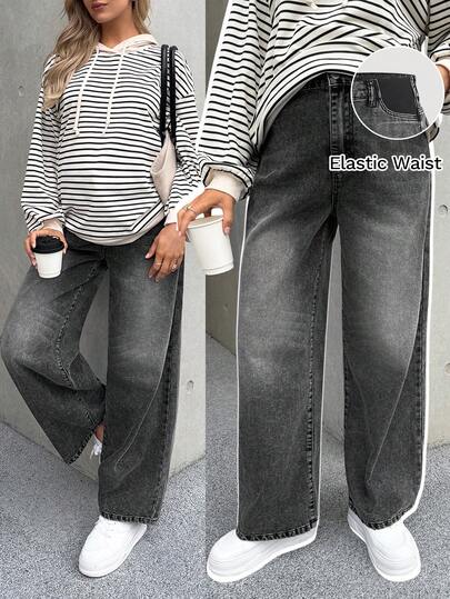 SHEIN Pregnant Women's Contrast Color Pocket Casual Versatile Wide-Leg Jeans Black Winter Spring Christmas New Year Thanksgiving Commuting Vacation Graduation Chic Y2k Cute Streetwear Coquette Party Wedding Elegant Business Casual Woman Women's Stylish Dark Wash Denim Jeans With Elastic High Waist And Wide Leg Fit For Everyday Comfort Maternity Jeans Everyday Maternity Style Comfortable Wear