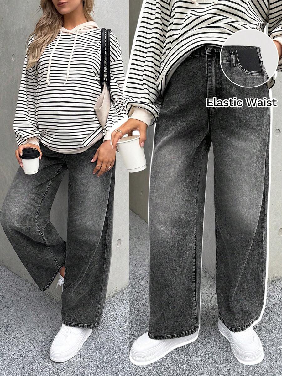 SHEIN Pregnant Women's Contrast Color Pocket Casual Versatile Wide-Leg Jeans Black Winter Spring Christmas New Year Thanksgiving Commuting Vacation Graduation Chic Y2k Cute Streetwear Party Wedding Elegant Business Casual Woman Women's Stylish Dark Wash Denim Jeans With Elastic High Waist And Wide Leg Fit For Everyday Comfort Maternity Jeans Everyday Maternity Style Comfortable Wear - Black - View 1