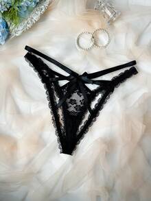 SHEIN Women's Sexy Lace Patchwork Hollow Out Thong - Black - View 2