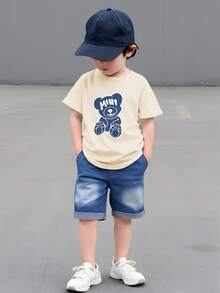 SHEIN Explorewe 2pcs/Set Young Boy Casual Denim Bear Embroidery Short Sleeve Round Neck T-Shirt And Shorts Set, Suitable For Daily Casual, Sports, School, Outdoor, Summer - Apricot - View 3