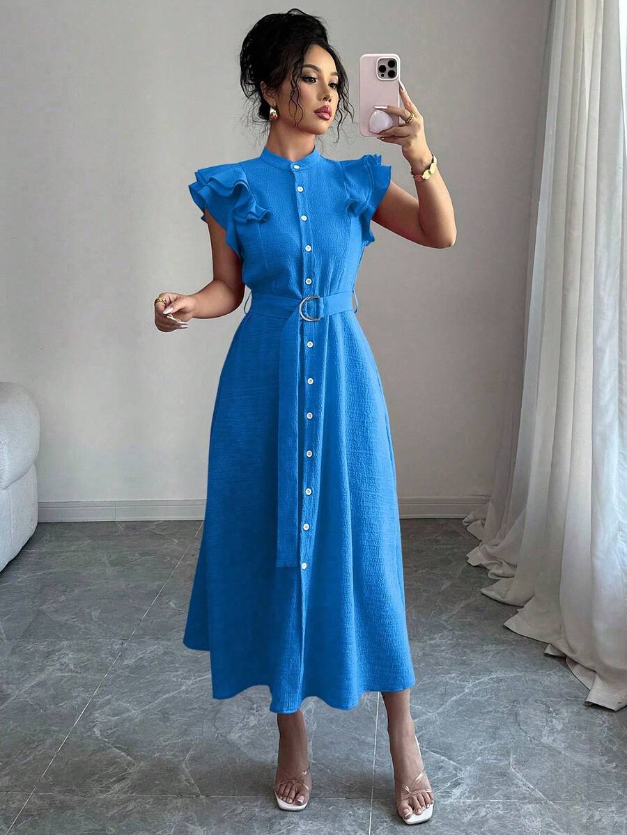 Elenzga Váy sơ mi nữ tay bèo nhún ve trơn màu mới, thắt eo - Màu xanh lam - Xem 1