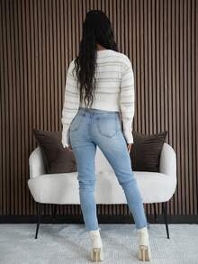 SAYEHFBABY 针织条纹收腰长款短款开衫，秋季舒适可爱休闲，适合咖啡馆、俱乐部、冬季圣诞节、优雅晚宴等场合。 - 彩色 - 查看 2