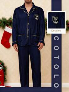 COTOLO Conjunto de Pijama Hombre Gris de Seda Suave, Manga Larga con Bordes Dorados, Diseño Elegante con Escudo, Cálido y Confortable, Regalo de Navidad - Azul - Ver 4