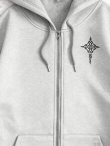 Sudadera con capucha de cierre completo roja con estampado geométrico bordado para mujer estilo casual urbano - Gris - Ver 2