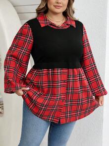 SHEIN CURVE+ Große Größen Stehkragen Karomuster Langarm Laterne Ärmel Strick Kontrastnaht Lässige Loose Bluse Hemden, Büromode Damen, Zwei Teile in einem mit Knopfverzierung/Herbst/Winter - Rot und Schwarz - Übersicht 9