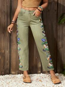 EMERY ROSE Versatile Casual Army Green Embroidered Straight Loose Women Jeans Green Boho Pants For Women - Army Green - View 3