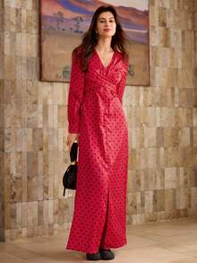 SHEIN Unity Elegant Red And Black Polka Dot Hem Slit Long Sleeve Women Maxi Dresses,Autumn Winter Formal Party Dresses For Women,Christmas Party Dress - Red - View 4