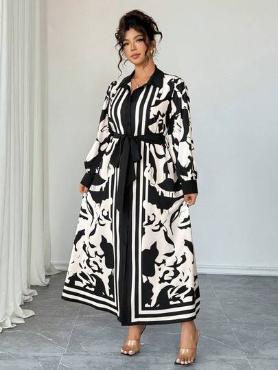 Elenzga French Retro Positioning Print Long Sleeve Shirt Dress With Waist Belt And Bow Tie, Suitable For Vacation, Commuting, Shopping And Other Occasions, Spring/Autumn