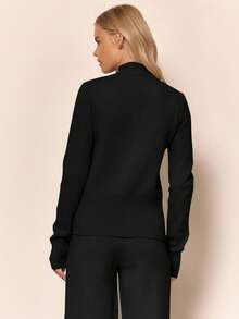 MUSERA Knit Funnel Neck Marl Zip Through Cardigan Only Autumn Winter Fall Loungewear Cosy  Work Cute Elegant Casual  Chic Modest Spring - Black - View 4