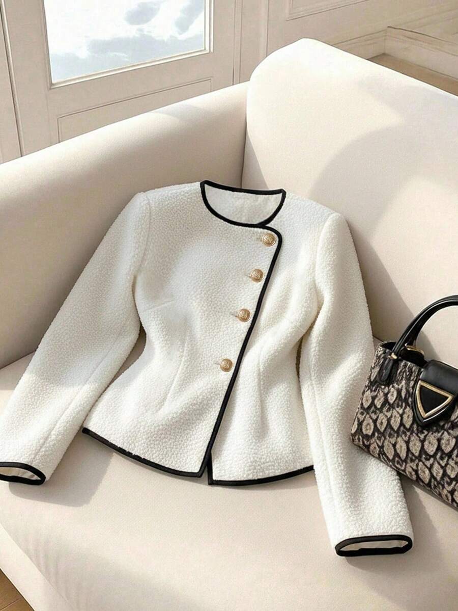 GlowEve 女士时尚优雅黑白撞色边饰简约休闲夹克，秋季 - 杏色 - 查看 1