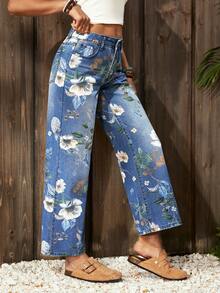 EMERY ROSE 女士碎花口袋阔腿宽松休闲牛仔裤 碎花牛仔裤 花朵牛仔裤 阔腿碎花牛仔裤 女士碎花牛仔裤 冬季新年 - 中等水洗藍 - 查看 4