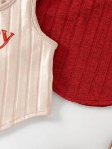 3pcs Young Girl Ribbed Cherry Print Curved Hem Fashion Top Set Cute Kids Tops Cherry Print Top Red Ribbed Top - Multicolor - View 7