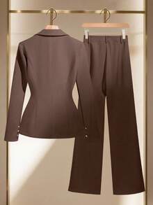 Rafferiza Women's Elegant Commuter Reversible Collar Solid Color Blue Gold Button Blazer + Pocket Pants, Versatile For Autumn/Winter - Brown - View 2