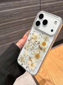 Autumn/Winter Daisy Real Flower Creative New 17Pro Compatible With Apple 16promax Phone Case 16 Elegant Elegant IPhone15pro Fashion Transparent Floral 14pro Shockproof Protective Soft Shell 13 Women - Clear - View 4