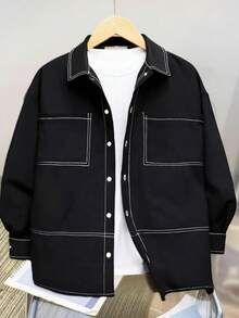 SHEIN 青少年男童撞色拼接长袖休闲衬衫，黑色，面料柔软，适合日常穿着、上学、旅行、户外活动，春夏季节、假期、海滩度假皆宜。 - 黑色 - 查看 2