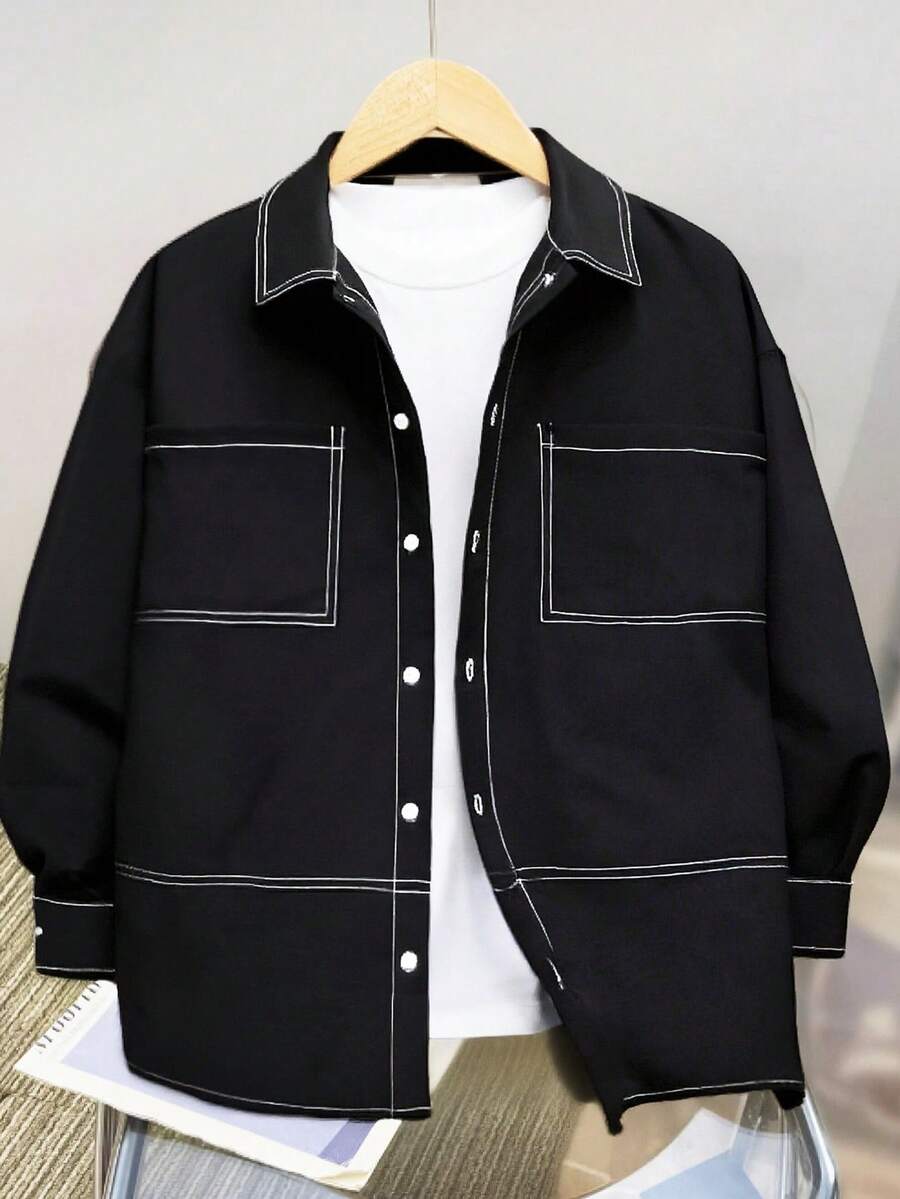 SHEIN 青少年男童撞色拼接长袖休闲衬衫，黑色，面料柔软，适合日常穿着、上学、旅行、户外活动，春夏季节、假期、海滩度假皆宜。