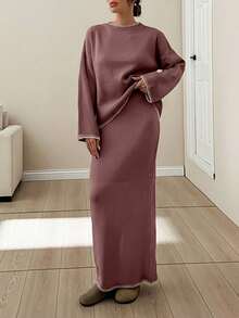 EURMUSE Women Stitch Detailed Round Neck Drop Shoulder Pullover & Sweater Skirt Set - Dusty Pink - View 4