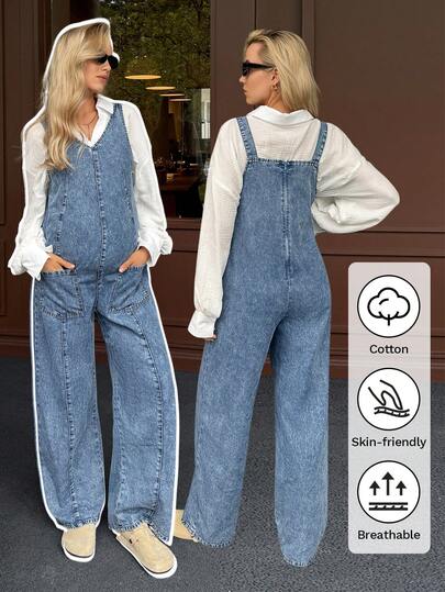 SHEIN Pregnant Women's Fashion V-Neck Wide Strap Casual Pockets Straight Leg Denim Jumpsuit Blue Winter Spring Christmas New Year Thanksgiving Commuting Vacation Graduation Chic Y2k Cute Streetwear Party Wedding Elegant Business Casual Woman Breathable Skin-Friendly Denim Overalls For Loose Wide Leg Jumpsuit With Adjustable Straps Pregnant Women Denim Jumpsuit