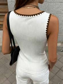 INAWLY Retro Colorblock Square Neck Camisole, Minimalist Versatile Sleeveless Slim Fit T-Shirt, Shell Embroidered Knit Fabric, Suitable For Outings, Commuting, And School