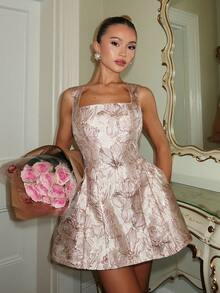 Glamine Charm Váy không tay nữ với vải jacquard hoa 3D kim loại, váy dự tiệc/trà sang trọng với thiết kế khoét lưng kiểu Pháp, gợi cảm và thanh lịch - Hồng - Xem 5