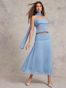L'Amorae Chiffon Midi Skirt With Side Button Up Detail Spring Summer Vacation Birthday - Baby Blue - View 5