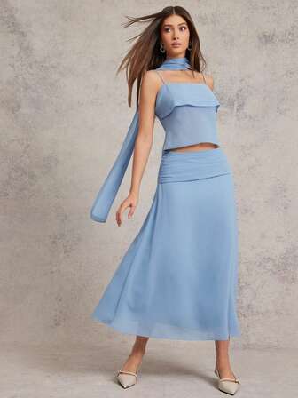 L'Amorae Chiffon Midi Skirt With Side Button Up Detail Spring Summer Vacation Birthday