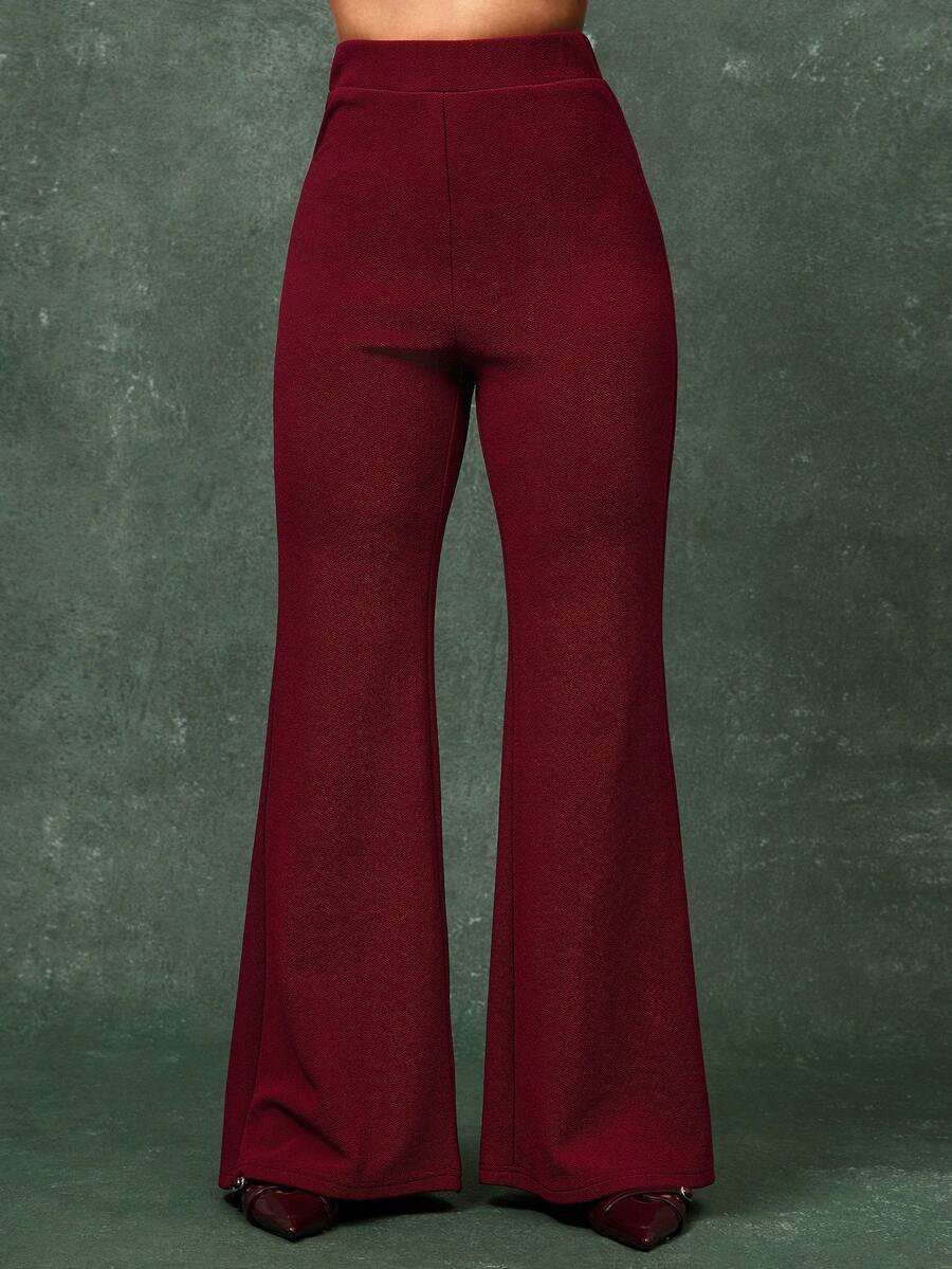 Vixey Bordeaux-rote, elastische, strukturierte Hose mit hoher Taille und weitem Bein für das Büro - Bordeaux - Übersicht 1