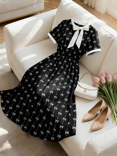 GlowEve CURVE 大码女式圆领3D蝴蝶结装饰收腰休闲短袖连衣裙，适合度假穿着