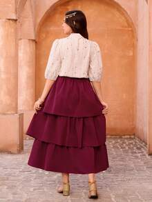 2pcs/Set Teenage Girls' Blouse + Skirt Set, Featuring Middle Eastern Color Palette And Modest Tailoring, Suitable For Ceremonies And School Events - Multicolor - View 2
