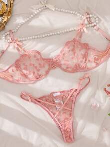 PetitDoll 2pcs Embroidered Mesh Women Sexy Lingerie Set (With Underwire/Thong)