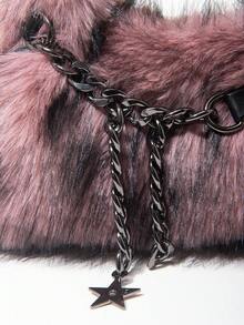 ROMWE Grunge Punk 2000年代风格女士单肩包，朋克铆钉机车包，毛绒钱包，秋冬钱包，流浪包（随机图案） - 粉色 - 查看 5