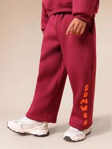 SUMWON Wygodny dwuczęściowy zestaw z kapturem i szerokimi spodniami dresowymi, kapturem i logo na klatce piersiowej, dla dzieci, do codziennego noszenia na co dzień, zimowa odzież sportowa - Burgund - Zobacz 5