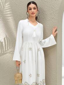 Al Najma New Elegant Embroidered Lantern Sleeve Dress, Suitable For Vacation, Daily Wear, And Gatherings - Apricot - View 2