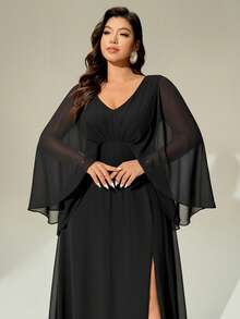 Auralis V-Neck Mesh Ruched Waist A-Line High Slit Sexy Dress, Suitable For Dates, Concerts, Banquets, Parties, Valentine's Day, Balls, Elastic Plus Size Black Elegant Maxi Dress With Long Sleeve Mesh Shawl/Elegant And Dignified Black Mesh Double-Layer Flowy Plus-Size Pleated Dress For Spring And Autumn / - Black - View 3