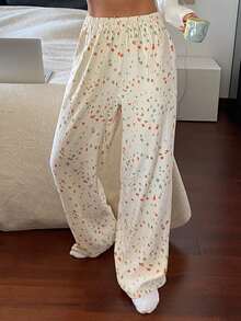 DAZY 星形花卉印花直筒女士睡裤 - 米色 - 查看 9