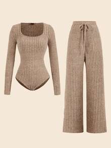 SHEIN Tall 罗纹连体衣和裤子两件套，舒适居家运动套装，休闲运动服，长袖连体衣搭配阔腿裤，秋冬必备基础款，宽松长裤，长袖，冬季服装 - 棕色 - 查看 9