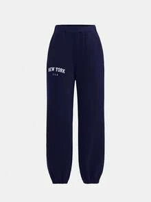 SHEIN Set de 2 piezas de sudadera y pantalón de chándal con estampado de letras de manga larga y cuello redondo para adolescentes - Azul Marino - Ver 10